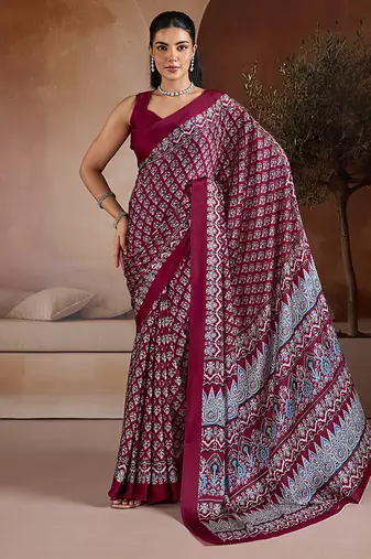 Maroon printed satin saree