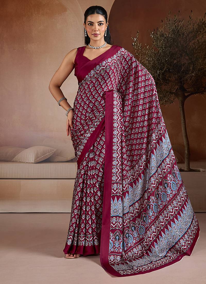 Maroon printed satin saree