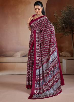 Maroon printed satin saree 2