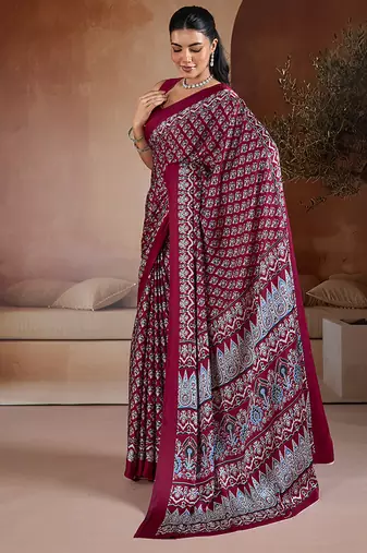 Maroon printed satin saree