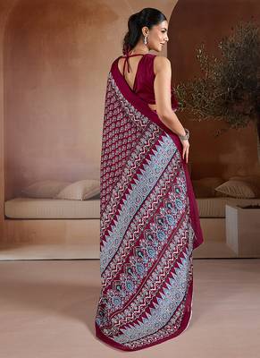 Maroon printed satin saree 3