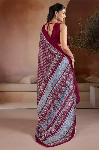 Maroon printed satin saree