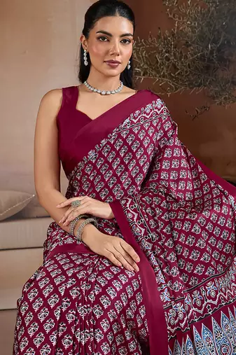 Maroon printed satin saree