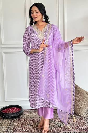 Lavender crepe printed sttiched kurta set