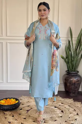 Sky blue chanderi embroidered straight kurta set
