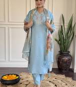 Sky blue chanderi embroidered straight kurta set
