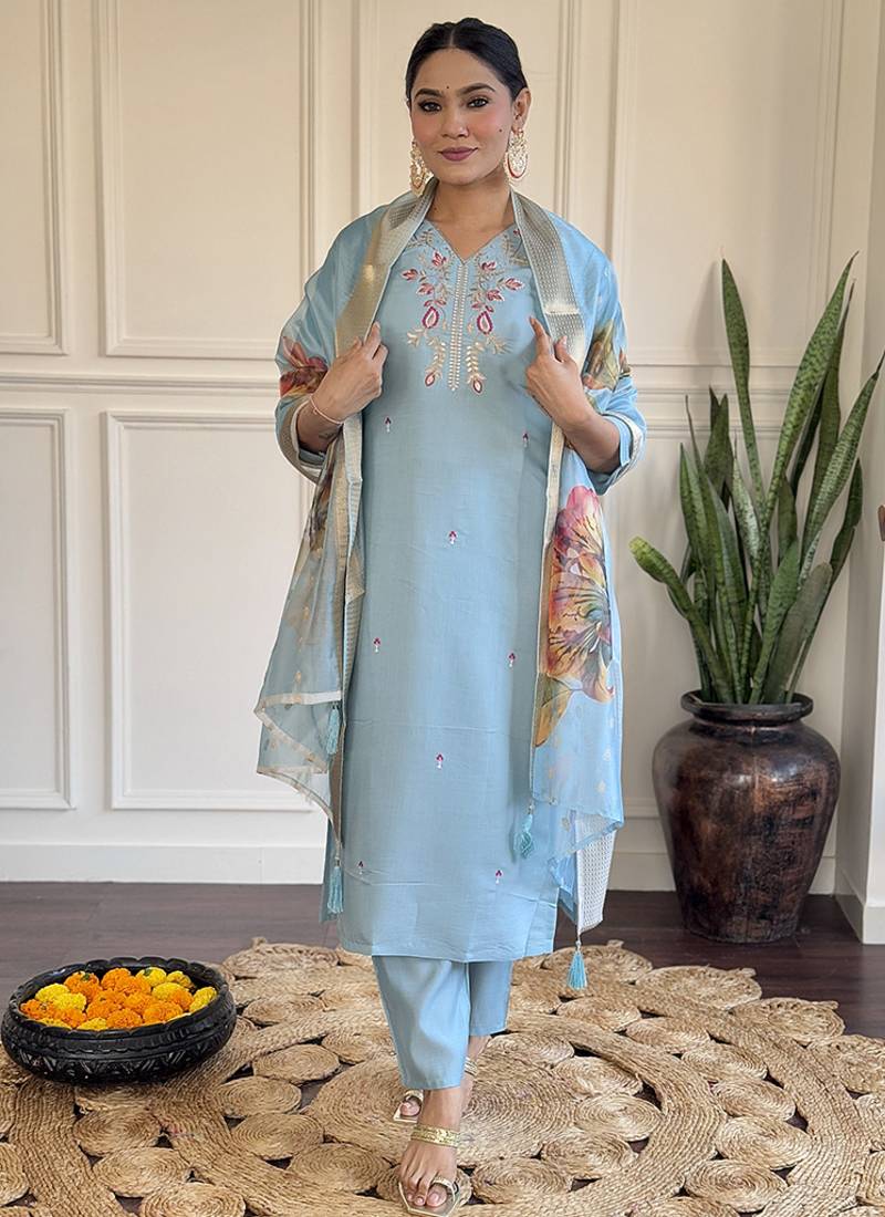Sky blue chanderi embroidered straight kurta set