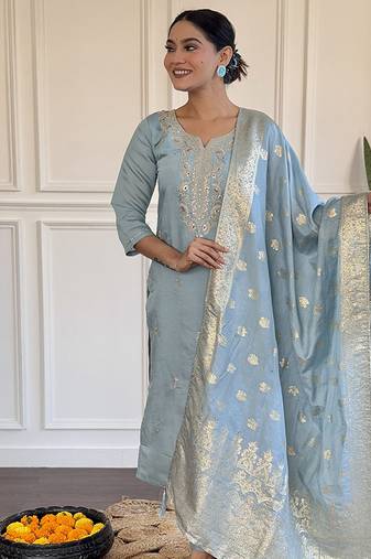 Chanderi visocse ready made kurta sen in light blue