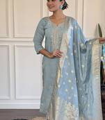 Chanderi visocse ready made kurta sen in light blue