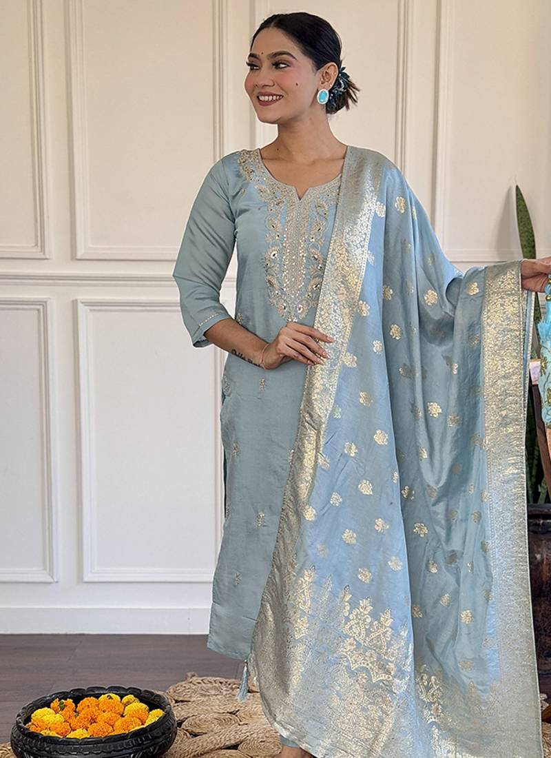 Chanderi visocse ready made kurta sen in light blue