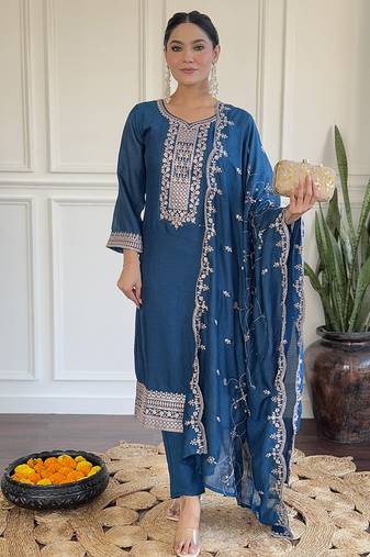 Teal blue color vichitra silk embroidered readymade suit