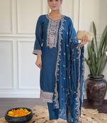 Teal blue color vichitra silk embroidered readymade suit