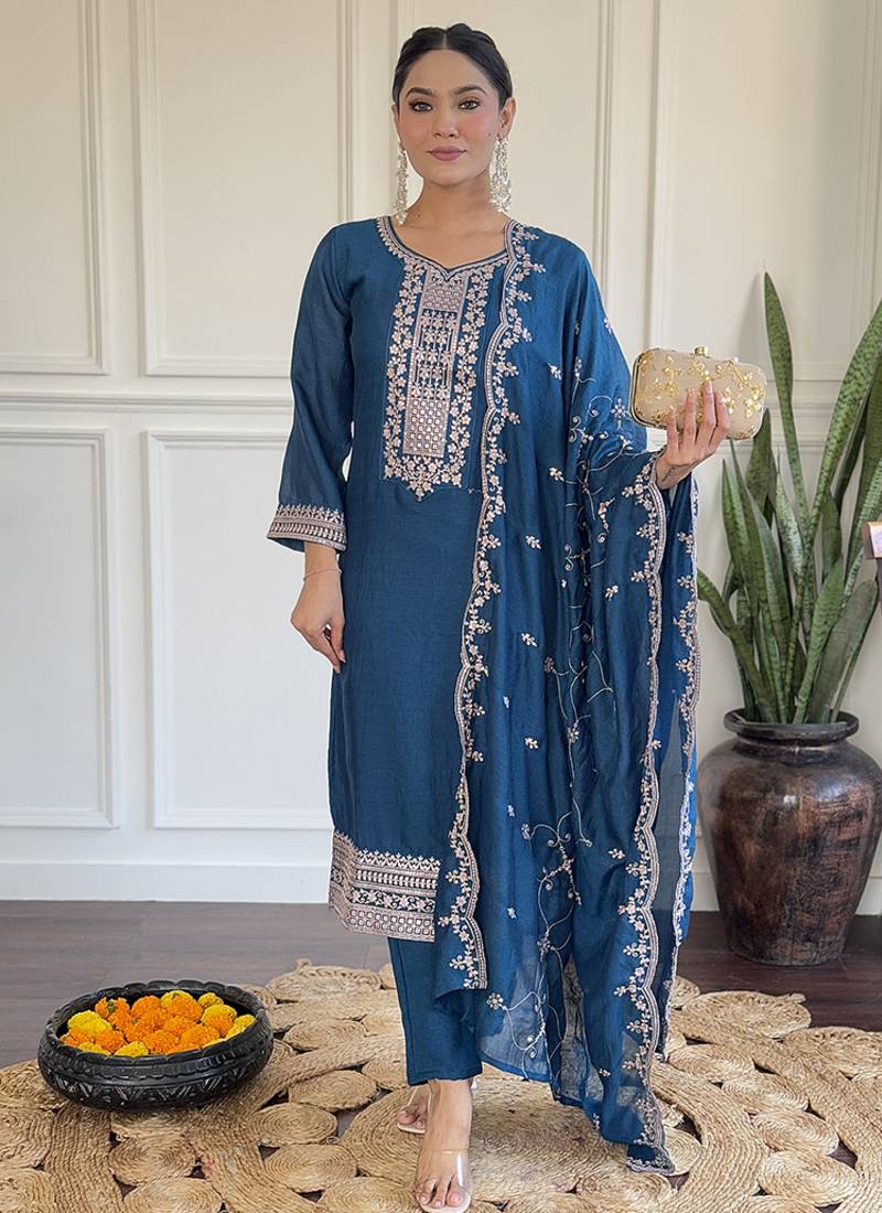 Teal blue color vichitra silk embroidered readymade suit
