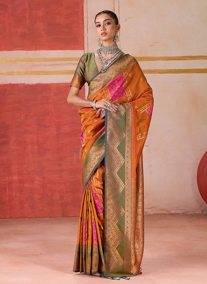 art silk woven work orange saree