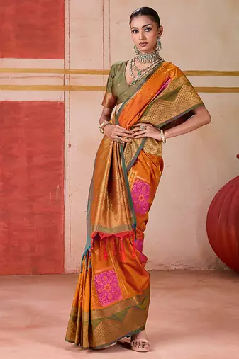 art silk blend woven work orange saree