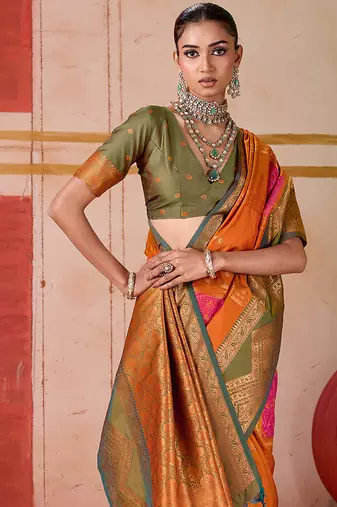 art silk blend woven work orange saree