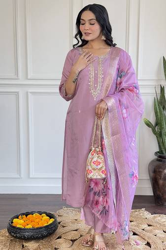 Lavender color chanderi sttiched kurta set
