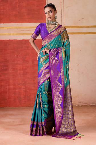 art silk woven work teal saree