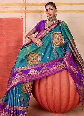 art silk woven work teal saree 2