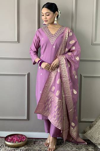 Lavender chanderi silk zari wovem ready made suit