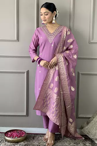 Lavender chanderi silk zari wovem ready made suit
