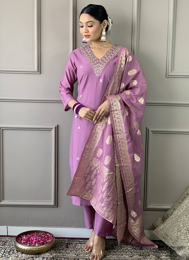 Lavender chanderi silk zari wovem ready made suit