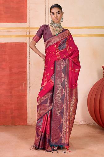 art silk woven work rani pink saree