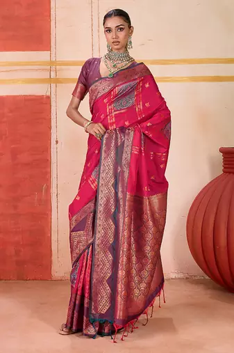 art silk blend woven work rani pink saree