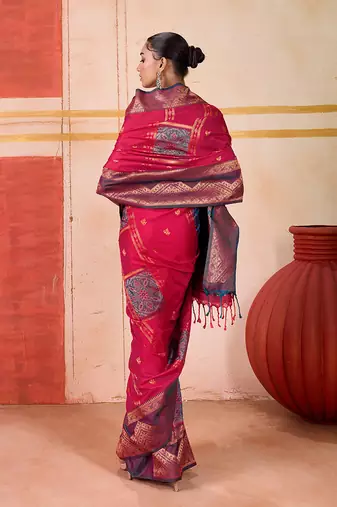 art silk blend woven work rani pink saree