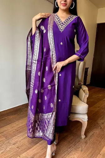 Dark purple chanderi silk embroidered kurta set