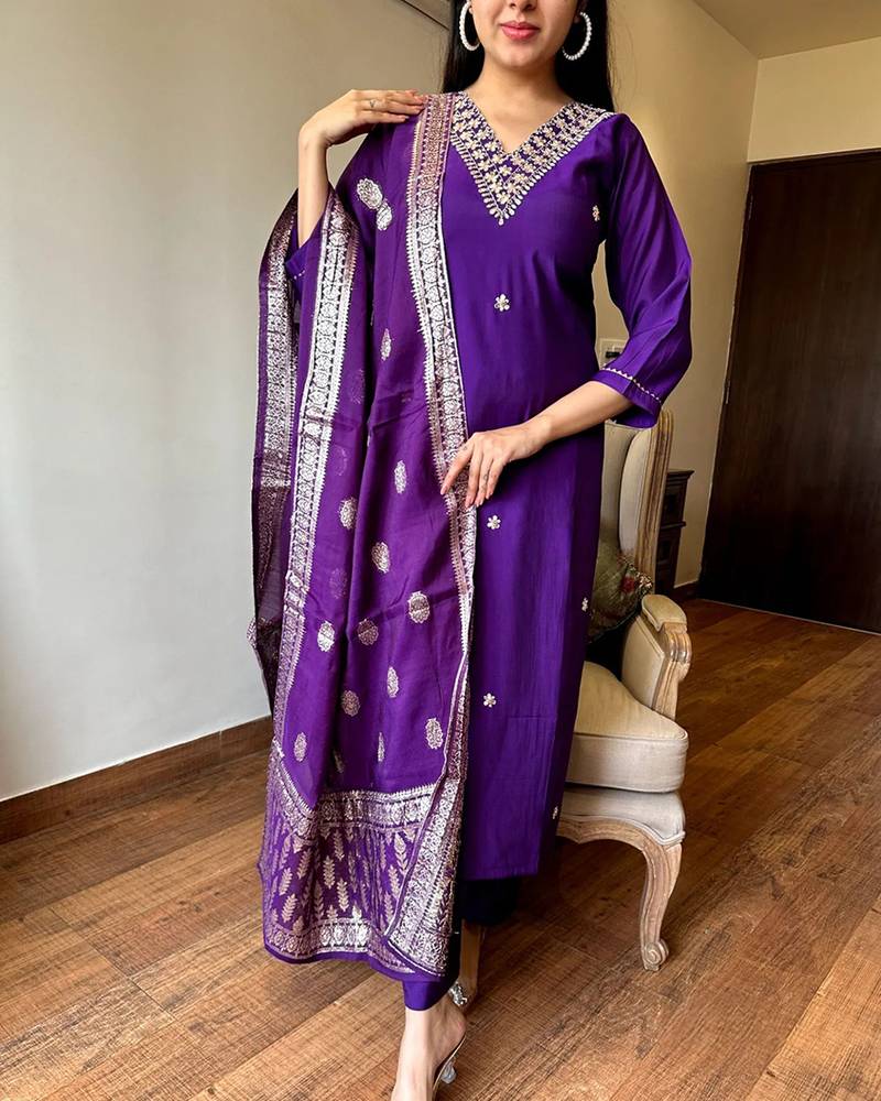 Dark purple chanderi silk embroidered kurta set