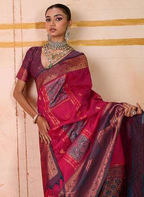 art silk woven work rani pink saree 4