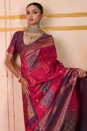 art silk blend woven work rani pink saree
