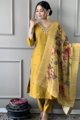 Mustard yellow chanderi silk readymade kurta set