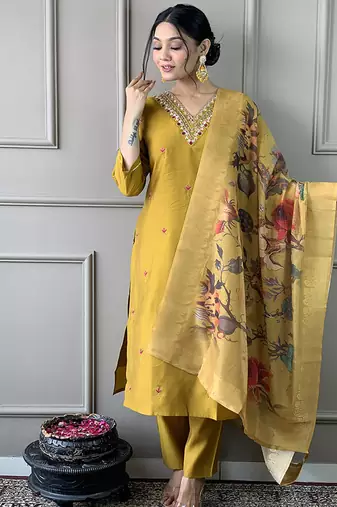 Mustard yellow chanderi silk readymade kurta set