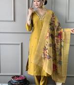 Mustard yellow chanderi silk readymade kurta set