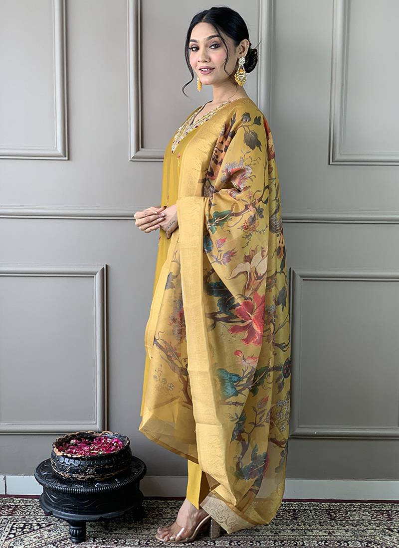 Mustard yellow chanderi silk readymade kurta set
