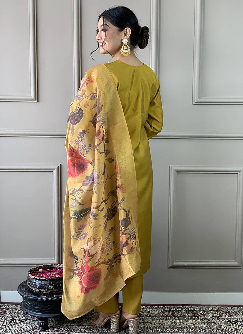 Mustard yellow chanderi silk readymade kurta set