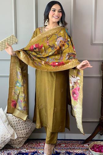 Olive chanderi silk readymade kurta set