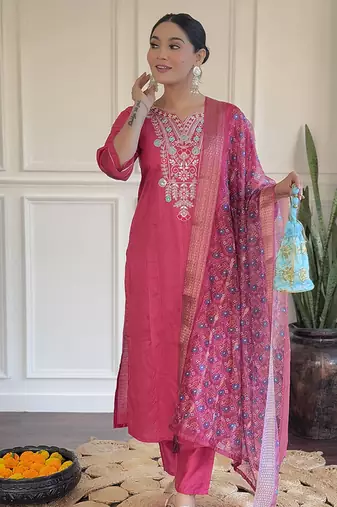 Pink gadhaval fabric  sttiched kurta set