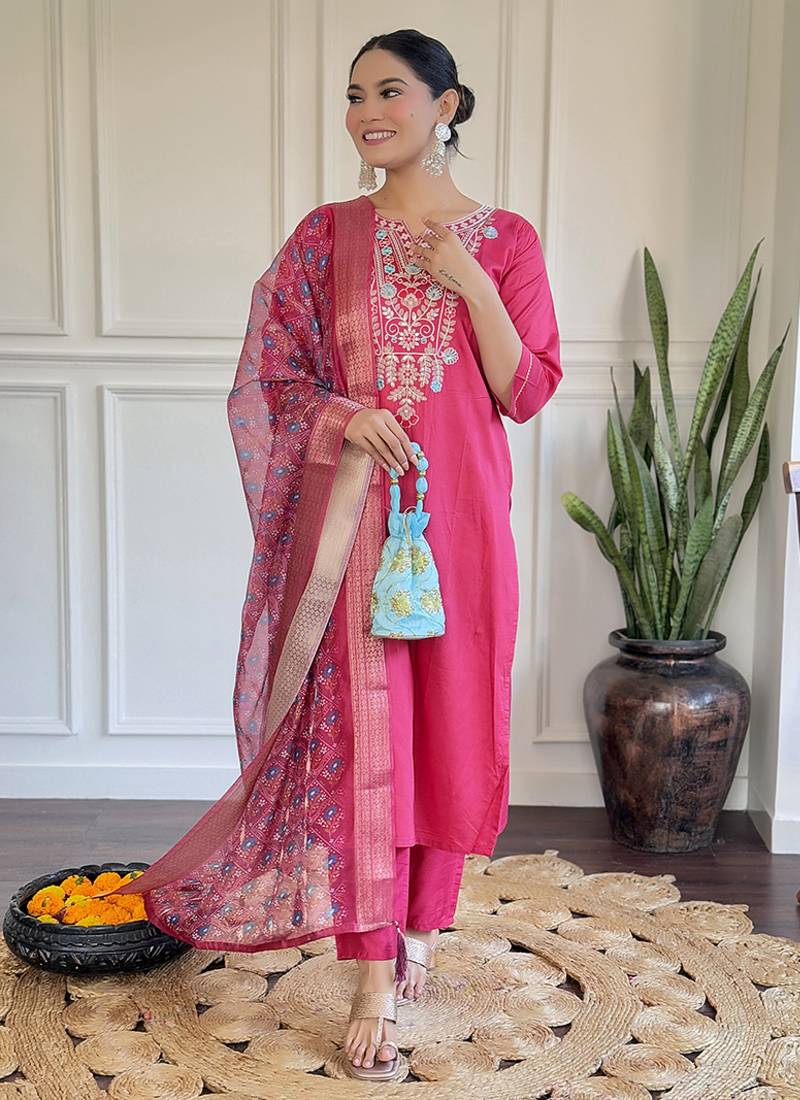 Pink gadhaval fabric  sttiched kurta set