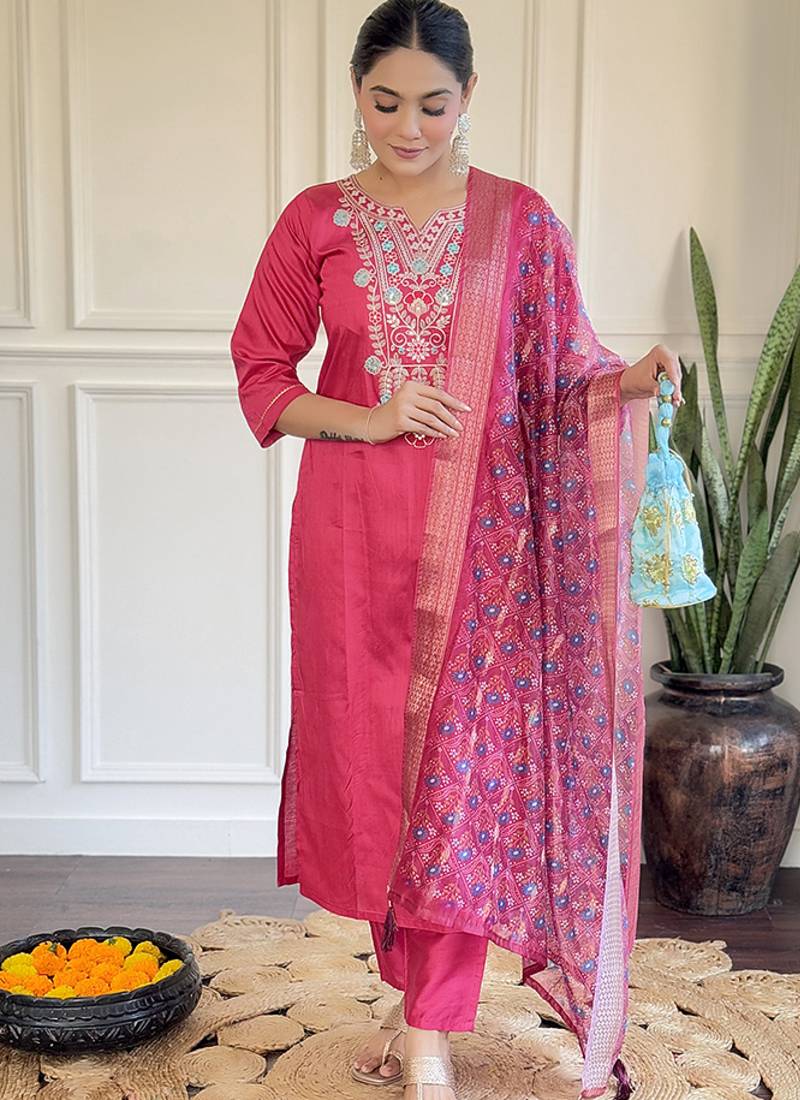 Pink gadhaval fabric  sttiched kurta set