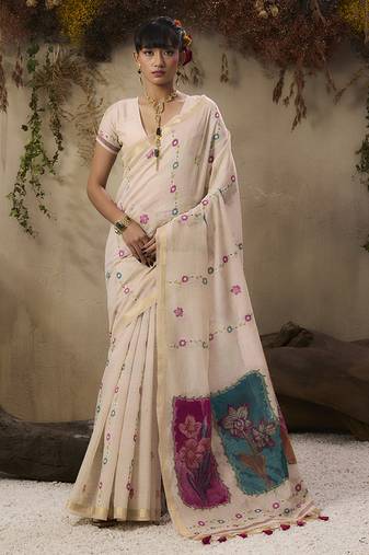 Cotton blend woven cream saree