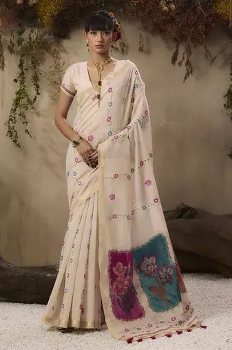 Cotton blend woven cream saree