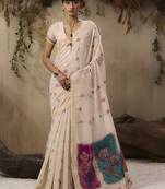Cotton blend woven cream saree