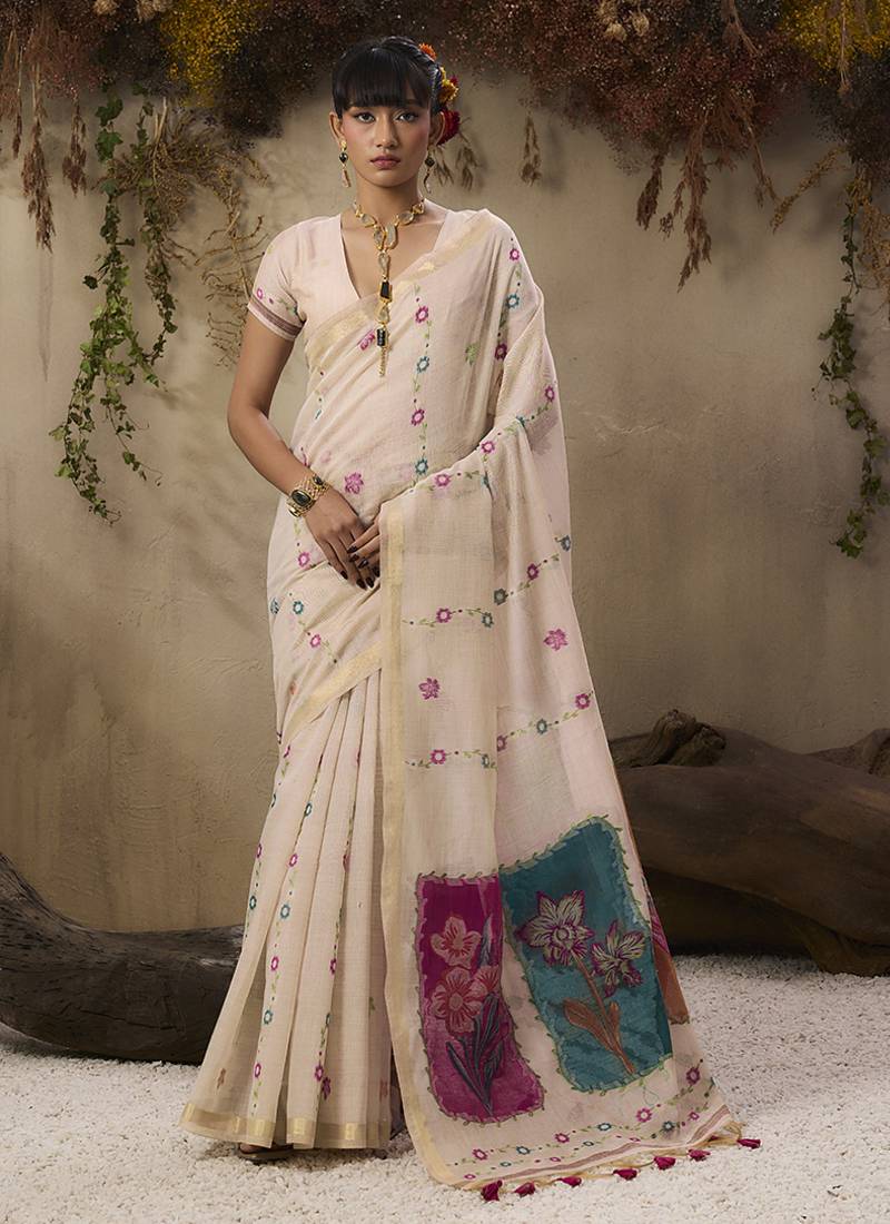 Cotton blend woven cream saree