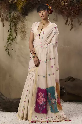 Cotton blend woven cream saree