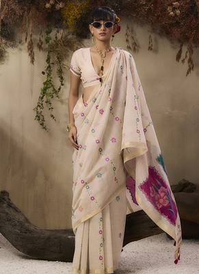 Cotton blend woven cream saree 3