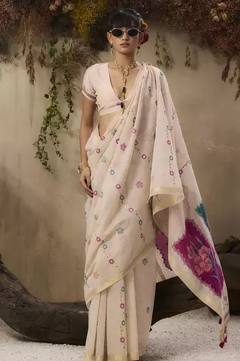 Cotton blend woven cream saree