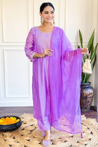 Lavender chanderi embroidered sttiched suit